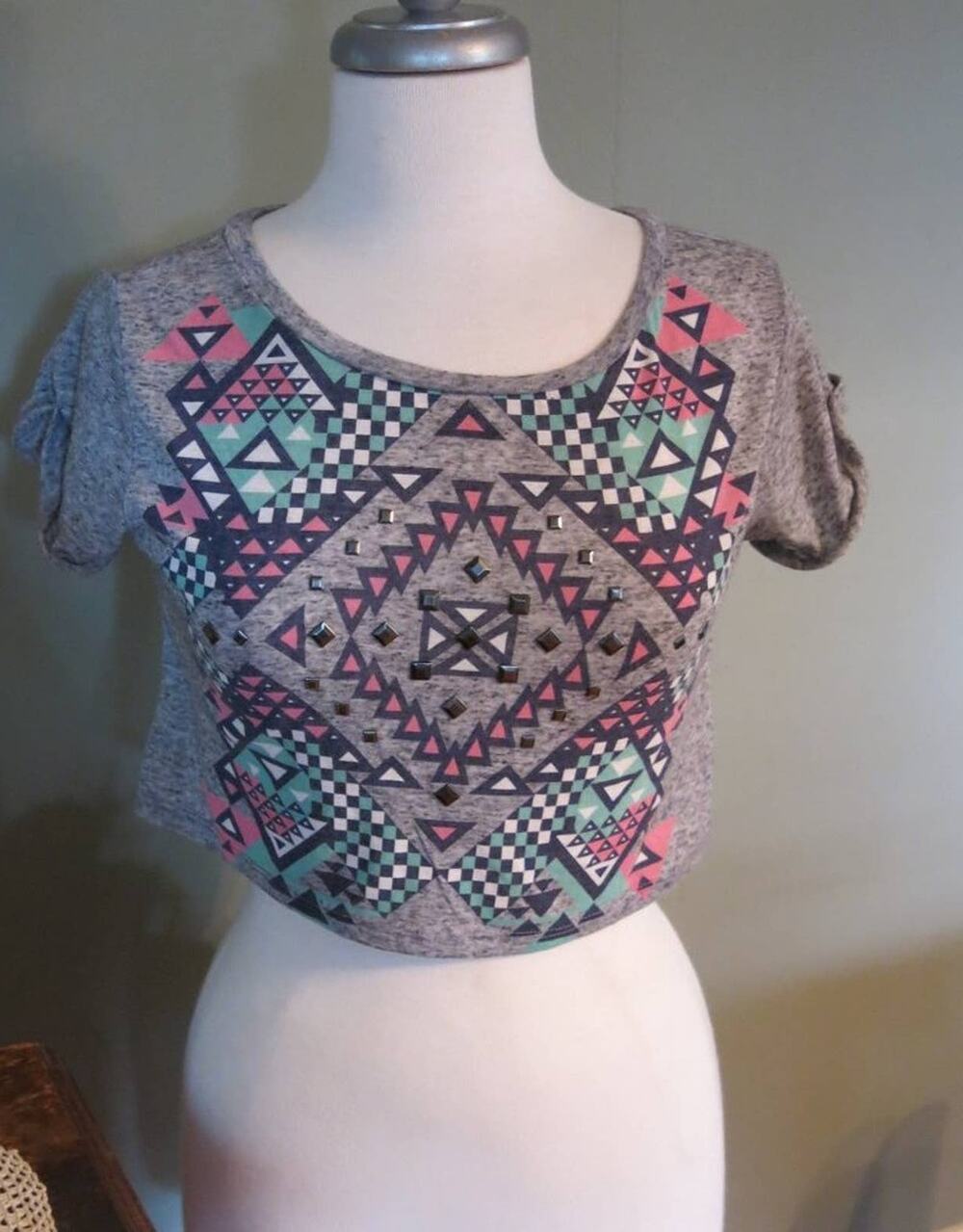 CHARLOTTE RUSSE Crop Top Size S Silver Studs Gray Multicolor Short Sleeve Punk